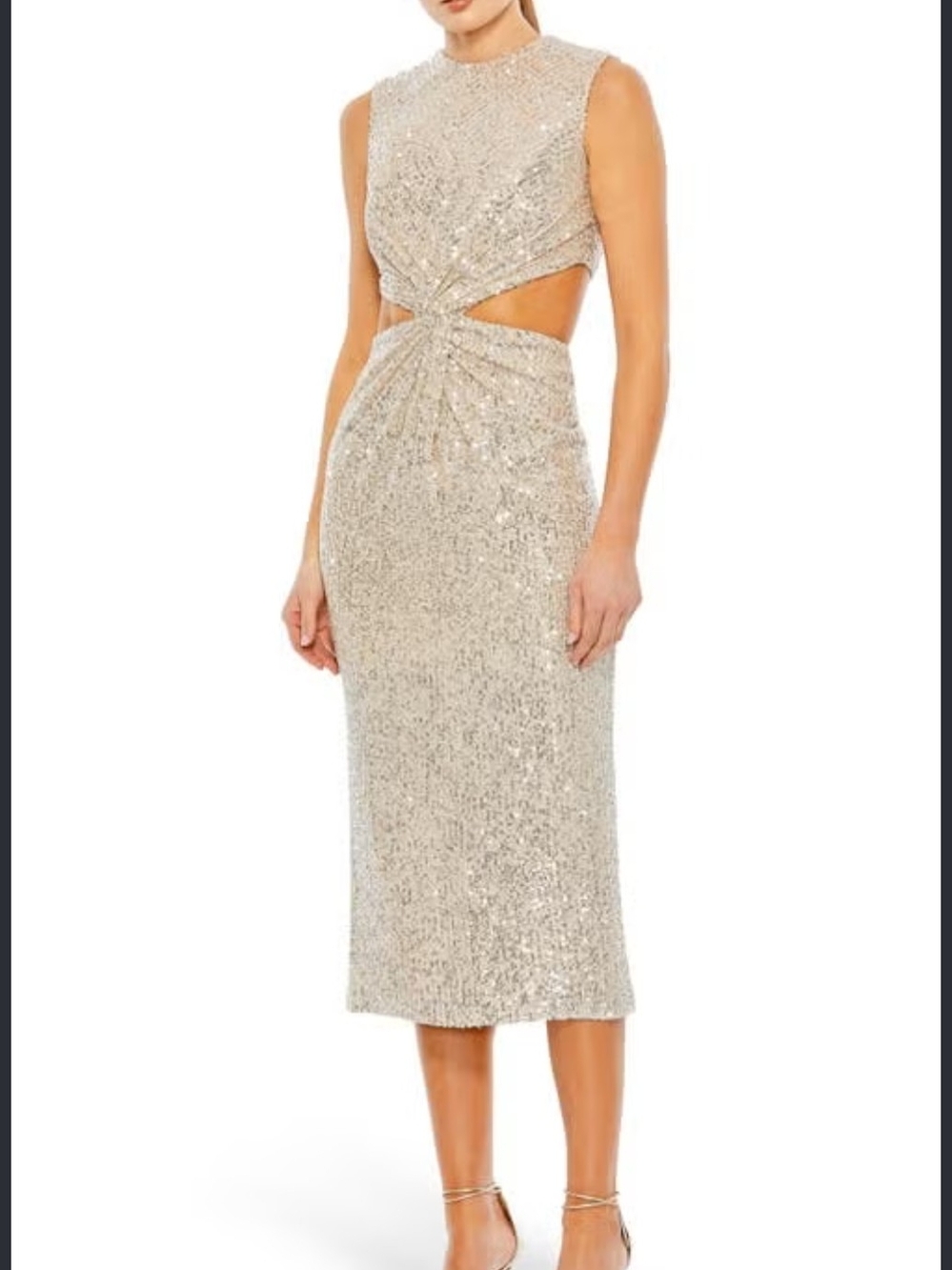 Mac Duggal Champagne Sequin Cutout Midi Dress
